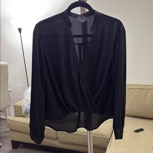 Lumiere Black Wrap Blouse with Long Sleeves and Mandarin Collar